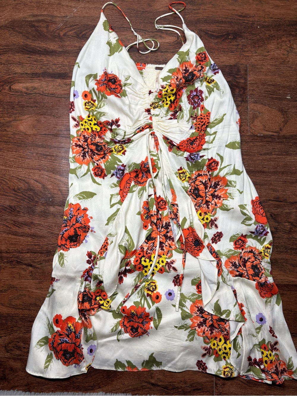 Free People White Halter Mini Dress with Orange Floral Print